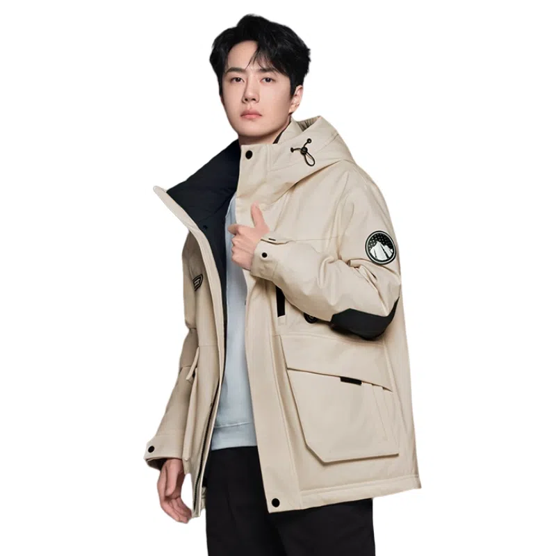 鸭鸭 中长款加厚连帽户外羽绒服 男款