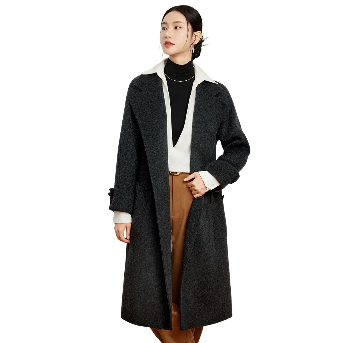 富铤 高级感纯色法式中长款翻领双面呢大衣 女款
