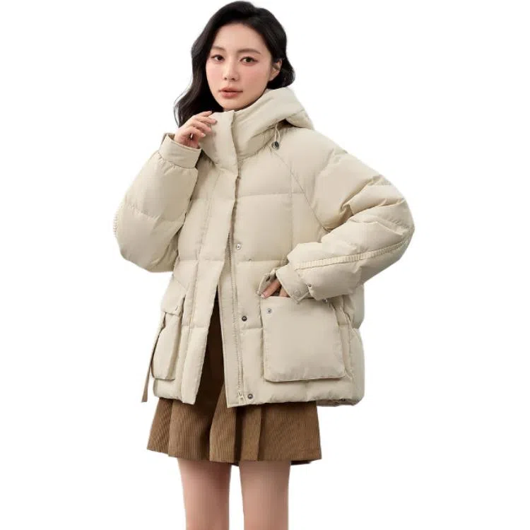鸭鸭 连帽纯色短款加厚拉链羽绒服 女款