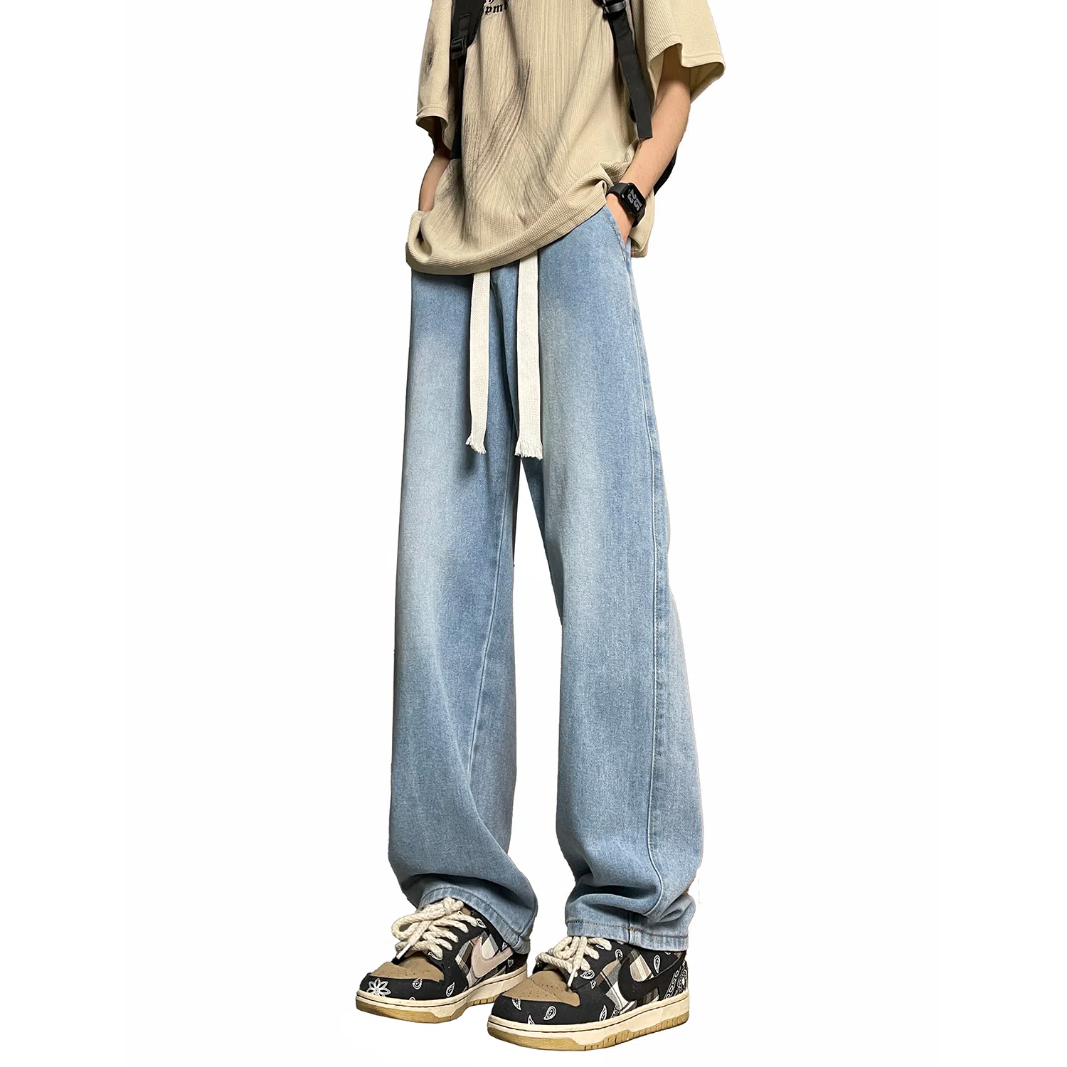 加菲猫家族 美式高街潮流复古水洗做旧宽松简约舒适透气系带松紧日常通勤时尚百搭直筒垂感中腰牛仔裤 男女同款