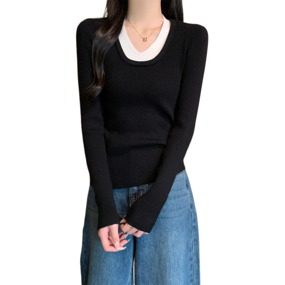 水中花 修身撞色假两件打底针织衫 女款