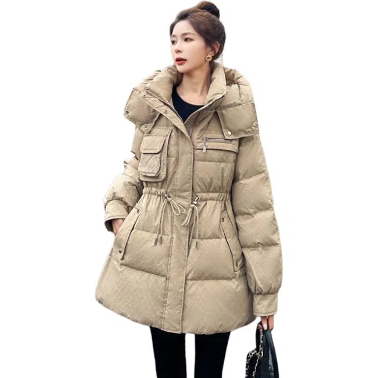 鸭鸭 韩版时尚印花收腰纯色简约立领连帽通勤甜美校园风羽绒服 女款