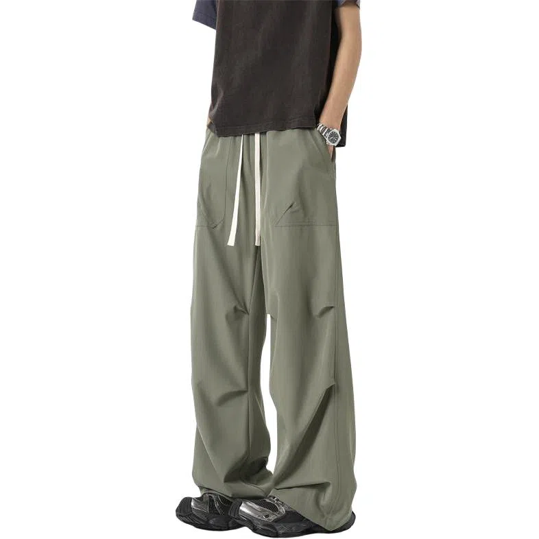 顶峰保罗 褶皱美式伞兵凉感透气直筒长裤薄款潮牌运动百搭宽松舒适设计感阔腿休闲裤 男女同款