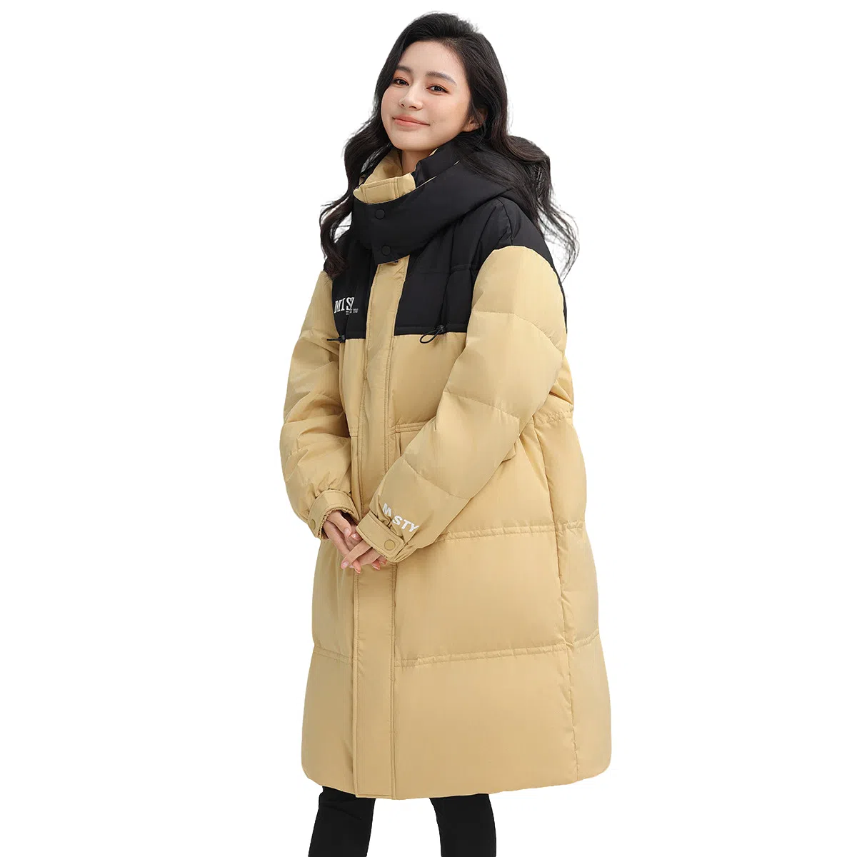 鸭鸭 纯色可脱卸帽拉链加厚保暖长款直筒长袖羽绒服 女款