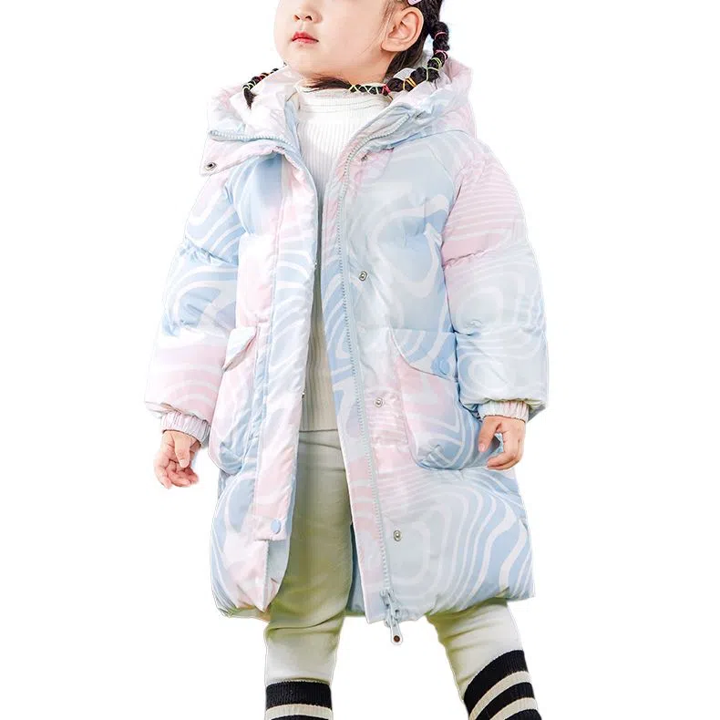 鸭鸭 连帽防寒加厚鸭绒保暖中长款羽绒服 蓝粉色 中小童