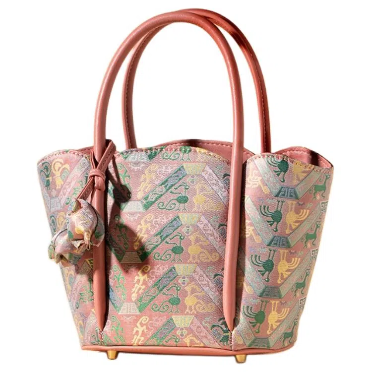 上海故事 时尚百搭经典 牛皮拼桑蚕丝 菜篮子包手提包 女款 粉色