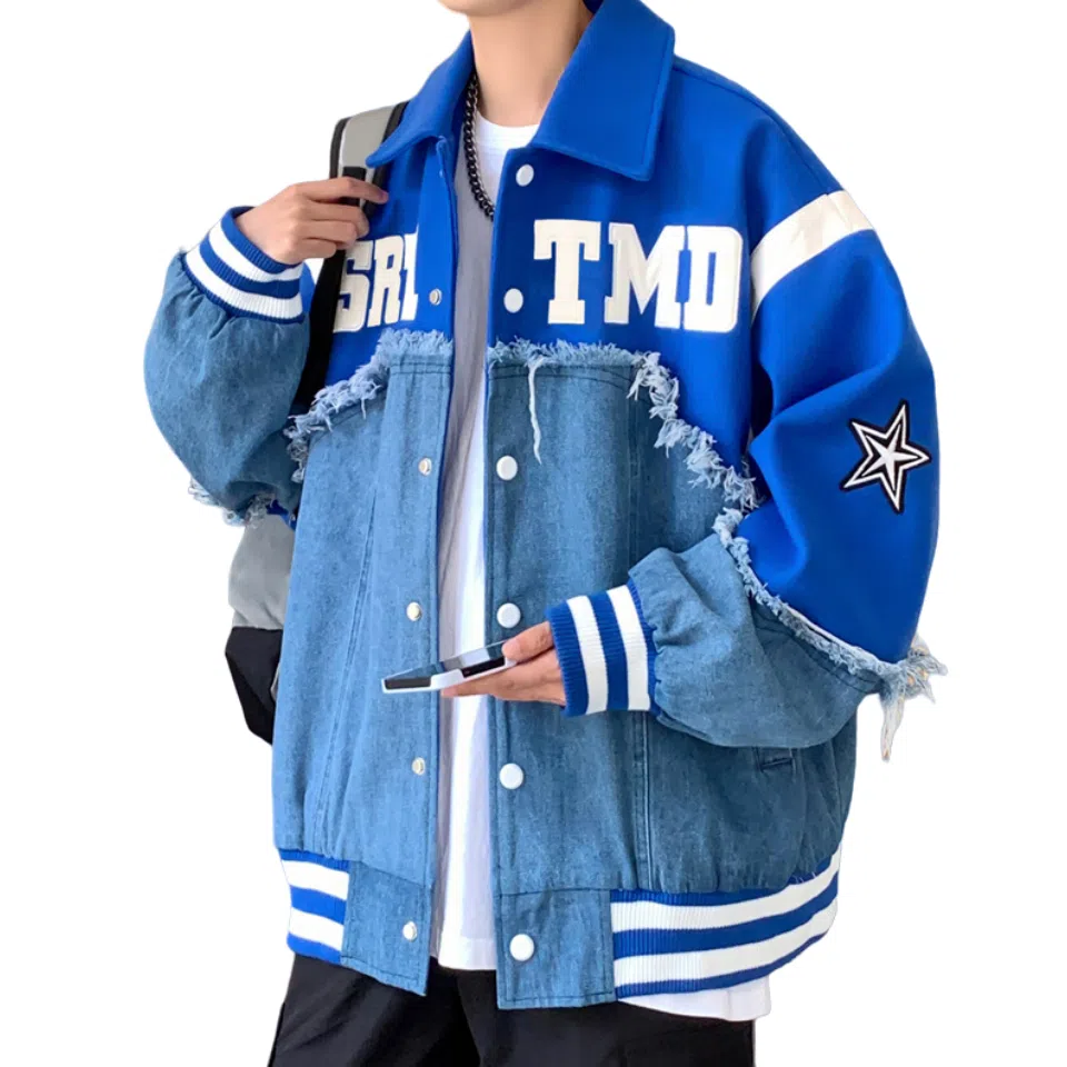 美式复古拼接字母刺绣宽松百搭牛仔外套棒球服 男女同款