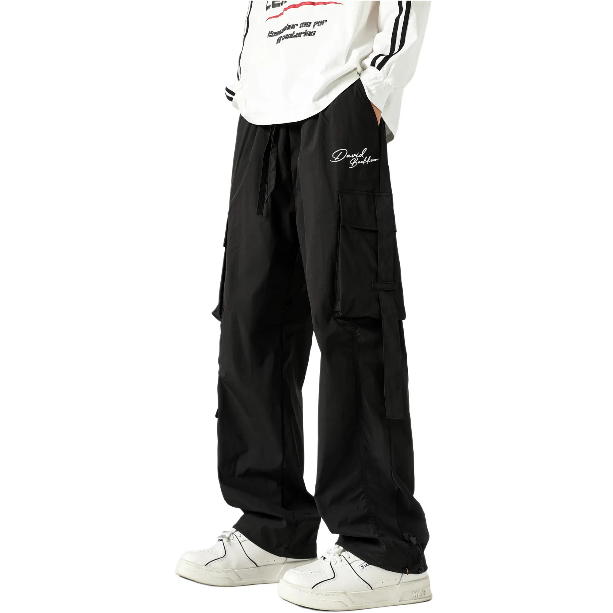 大卫贝肯 美式复古街头机能风字母印花立体大口袋抽绳休闲宽松阔腿伞兵工装裤 男女同款