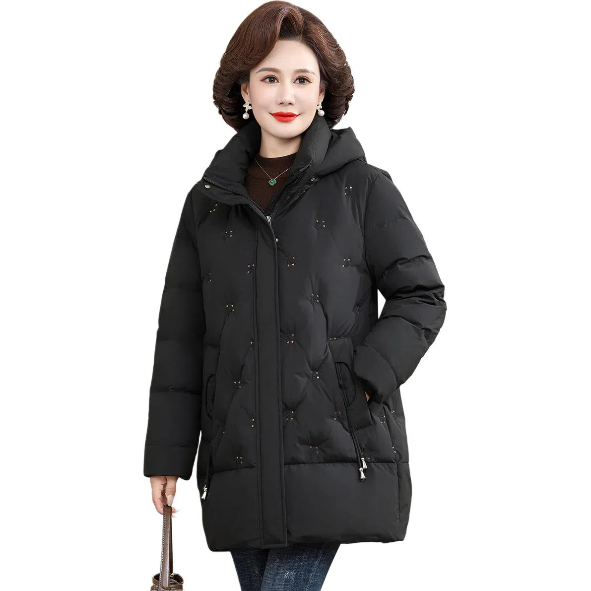 鸭鸭 冬季防寒经典连帽保暖时尚中老年妈妈装羽绒服 女款