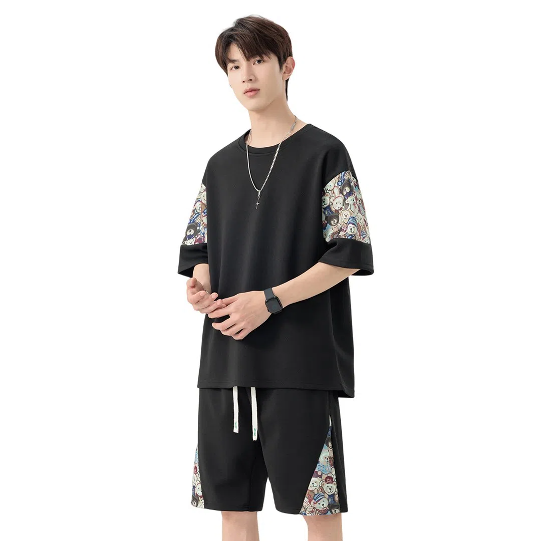 顶峰保罗 冰丝薄款圆领刺绣拼接短袖舒适潮流短裤一整套搭配无性别主义松紧腰弹力凉感透气百搭宽松时尚健身跑步速干休闲运动套装 男女同款