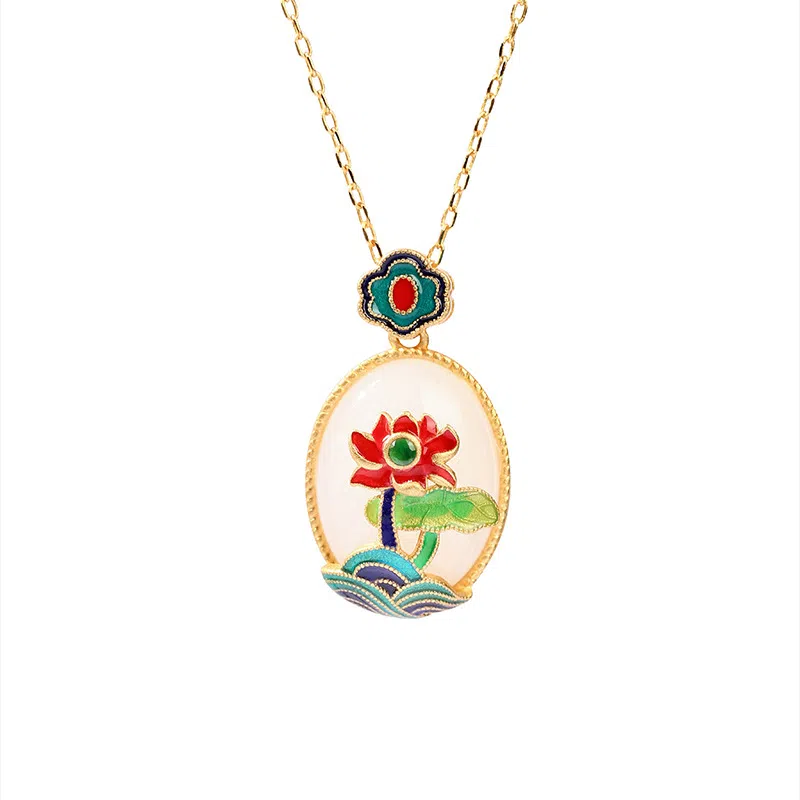 彤彤兔 国潮珐琅工艺莲花无事牌复古 铜 项链 女款