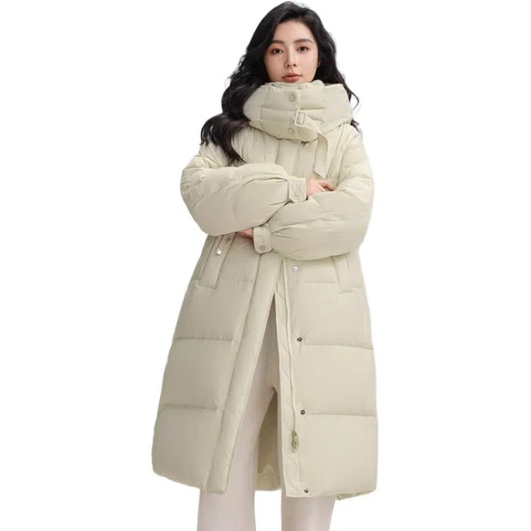 鸭鸭 纯色加厚中长款连帽拉链羽绒服 女款