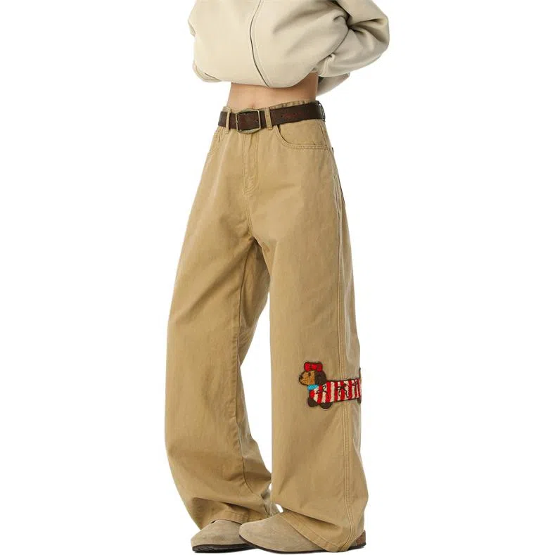 顶峰保罗 美式腊肠小狗刺绣直筒阔腿长裤百搭宽松重磅情侣潮牌凉感透气设计感显瘦显高休闲裤 男女同款