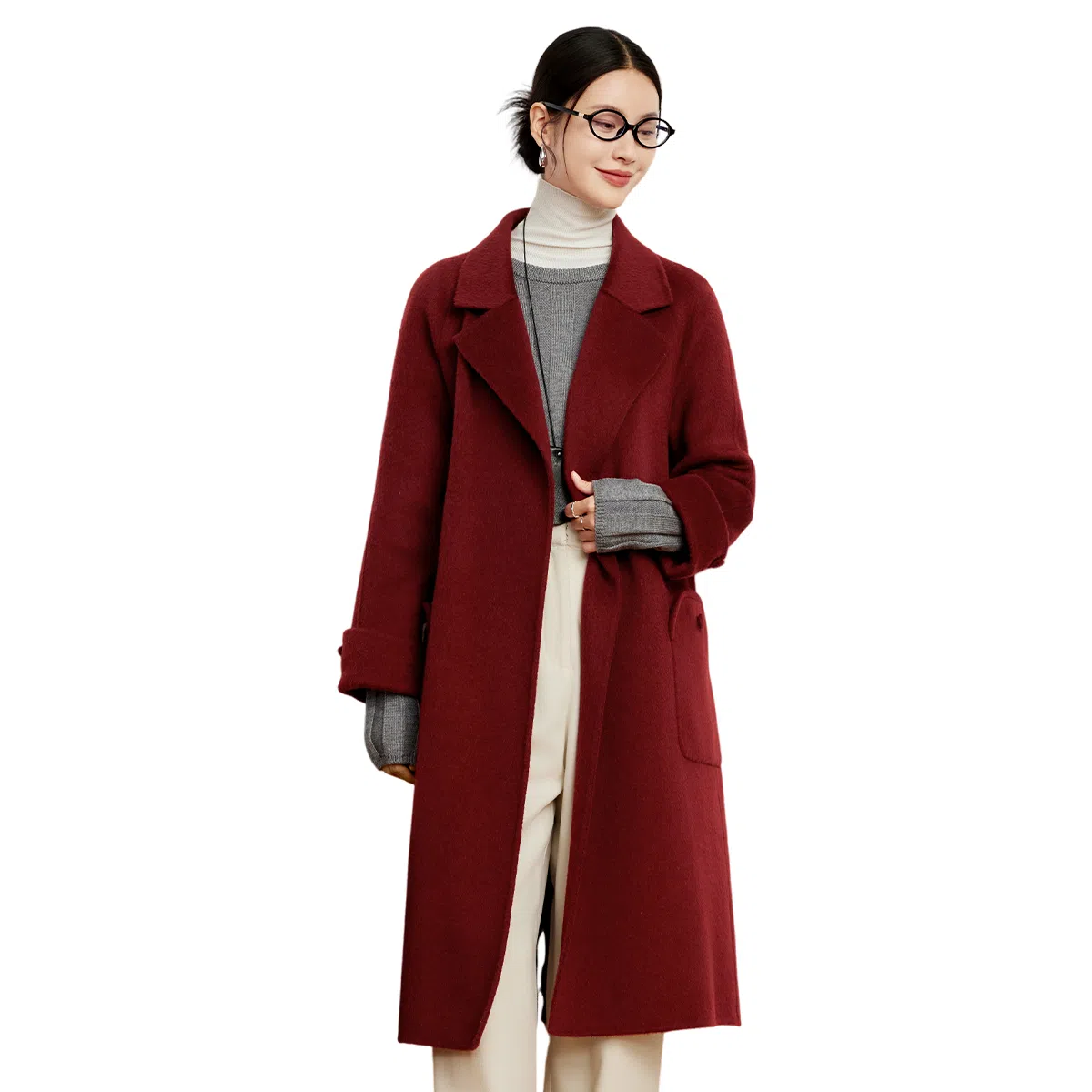 富铤 高级感纯色法式中长款翻领双面呢大衣 女款