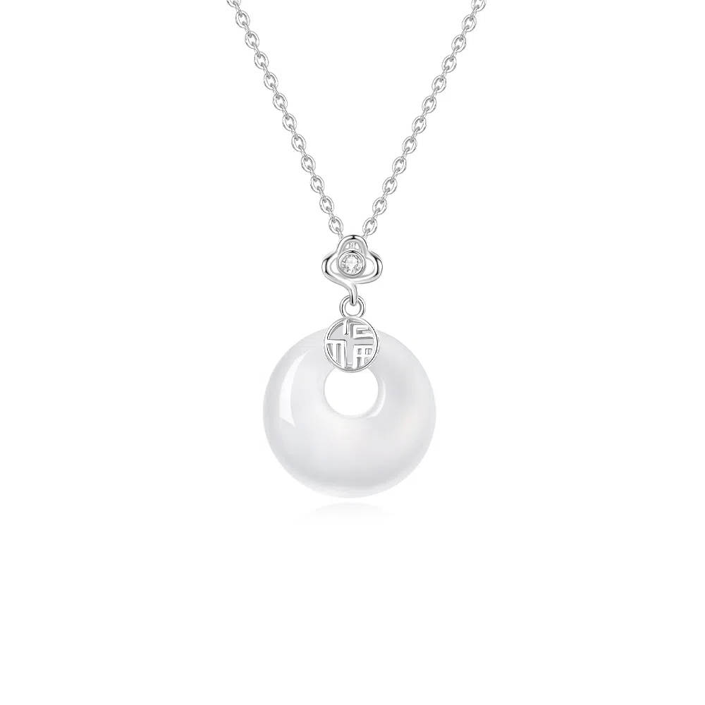 【高品质 S925银】六桂福 福气平安扣新中式福牌如意吊坠银镶玉时尚锁骨链显白清冷如意转运平安聚财纳福 福韵金 好运 玉髓 玉石项链 女款