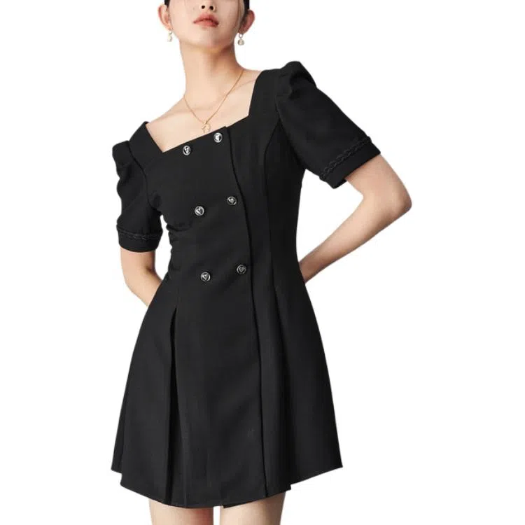 太平鸟 纯色高腰舒适短袖连衣裙 女款 黑色