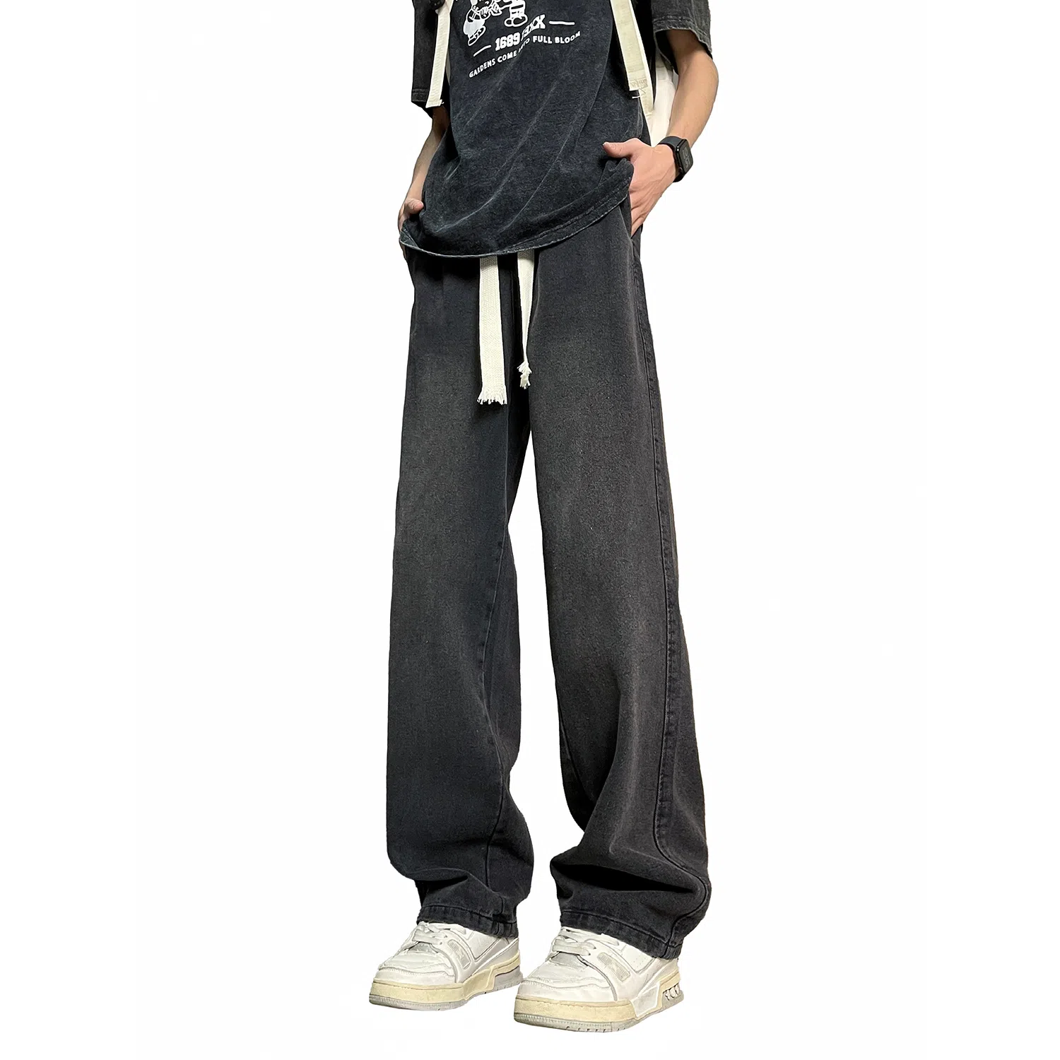 加菲猫家族 美式高街潮流复古水洗做旧宽松简约舒适透气系带松紧日常通勤时尚百搭直筒垂感中腰牛仔裤 男女同款
