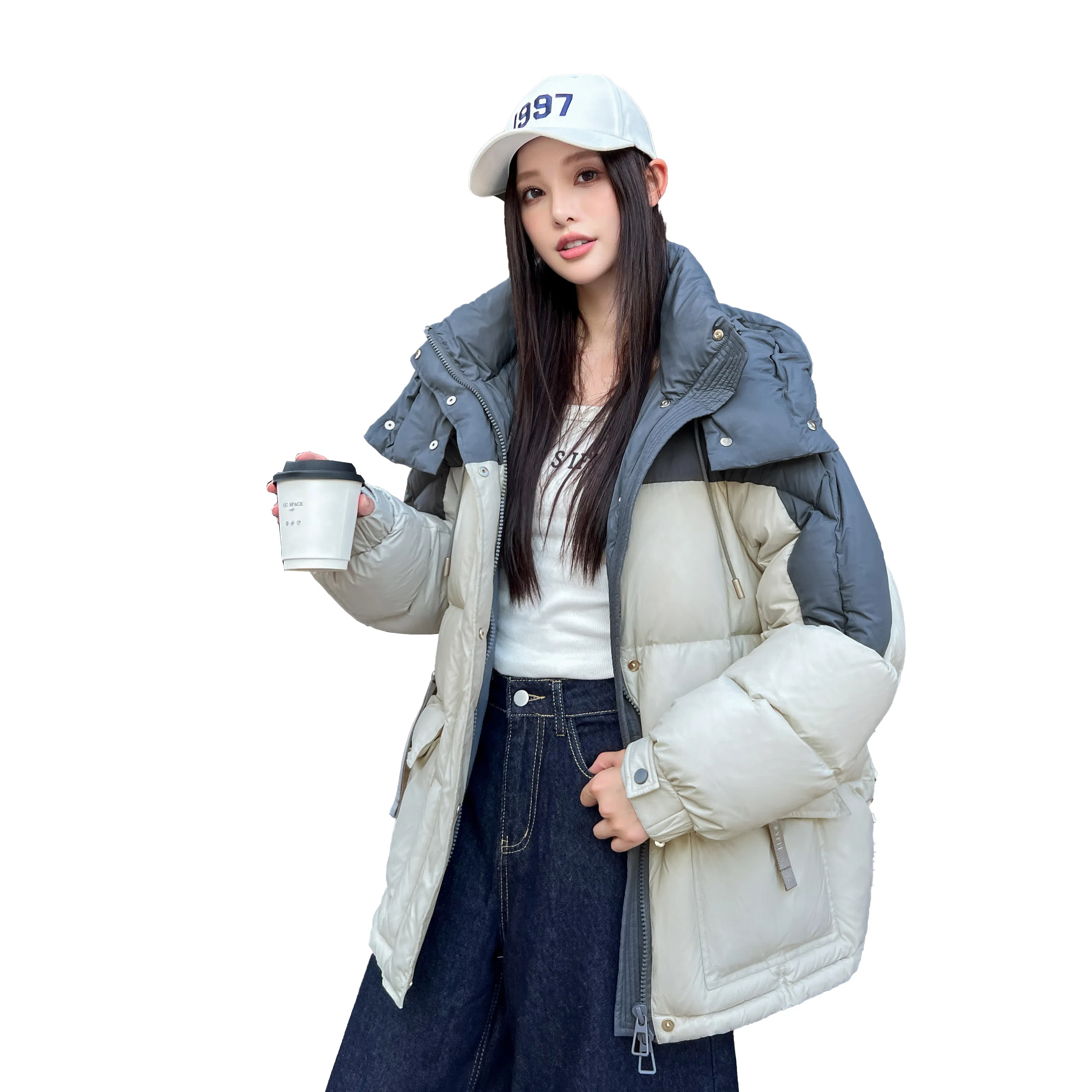 鸭鸭 撞色宽松休闲面包服羽绒服 女款