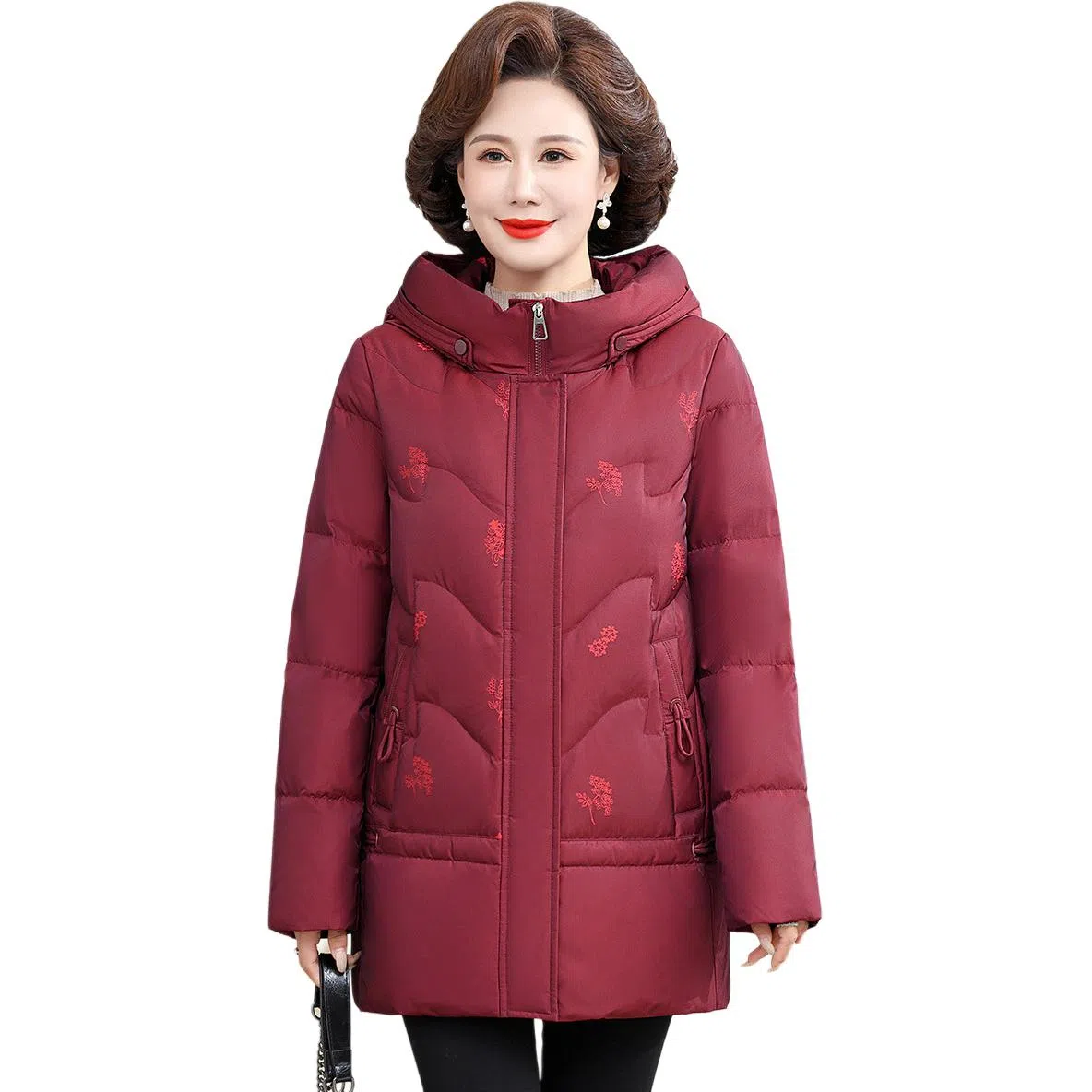 鸭鸭 冬季防寒经典连帽保暖时尚中老年妈妈装羽绒服 女款