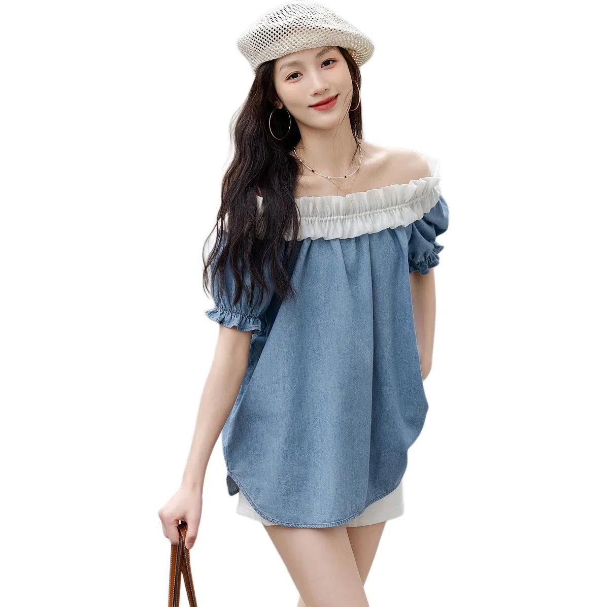 【dme】 拼接撞色一字领短袖衬衫 女款 蓝色