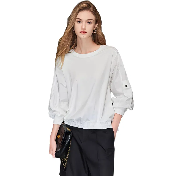 【dme】 纯色拼接圆领套头插肩长袖衬衫 女款 本白