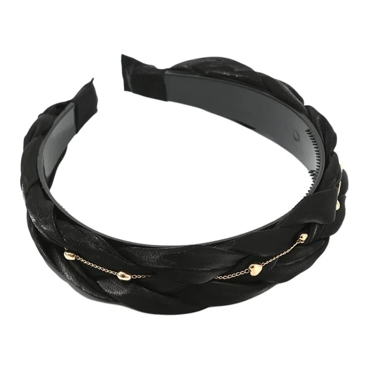 如花梦 黑色麻花绢纱发卡防滑带齿金珠链条高颅顶头箍 布艺 发箍 女款