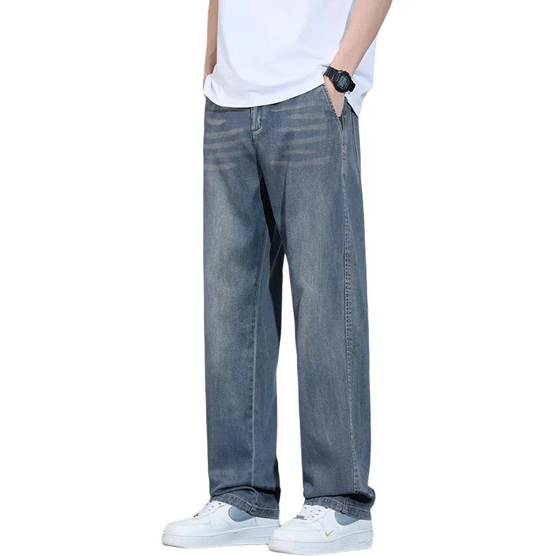 顶峰保罗 莱赛尔凉感透气水洗直筒长裤美式复古高街宽松小众百搭高级感薄款透气阔腿牛仔裤 男女同款