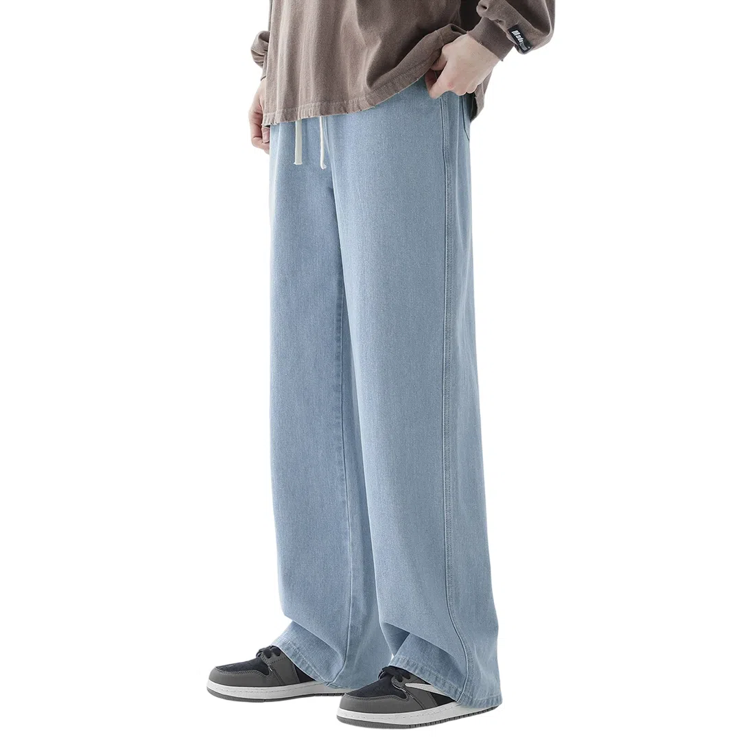 顶峰保罗 美式宽松百搭透气无性别主义弹力透气垂感休闲潮流阔腿拖地牛仔裤 男女同款