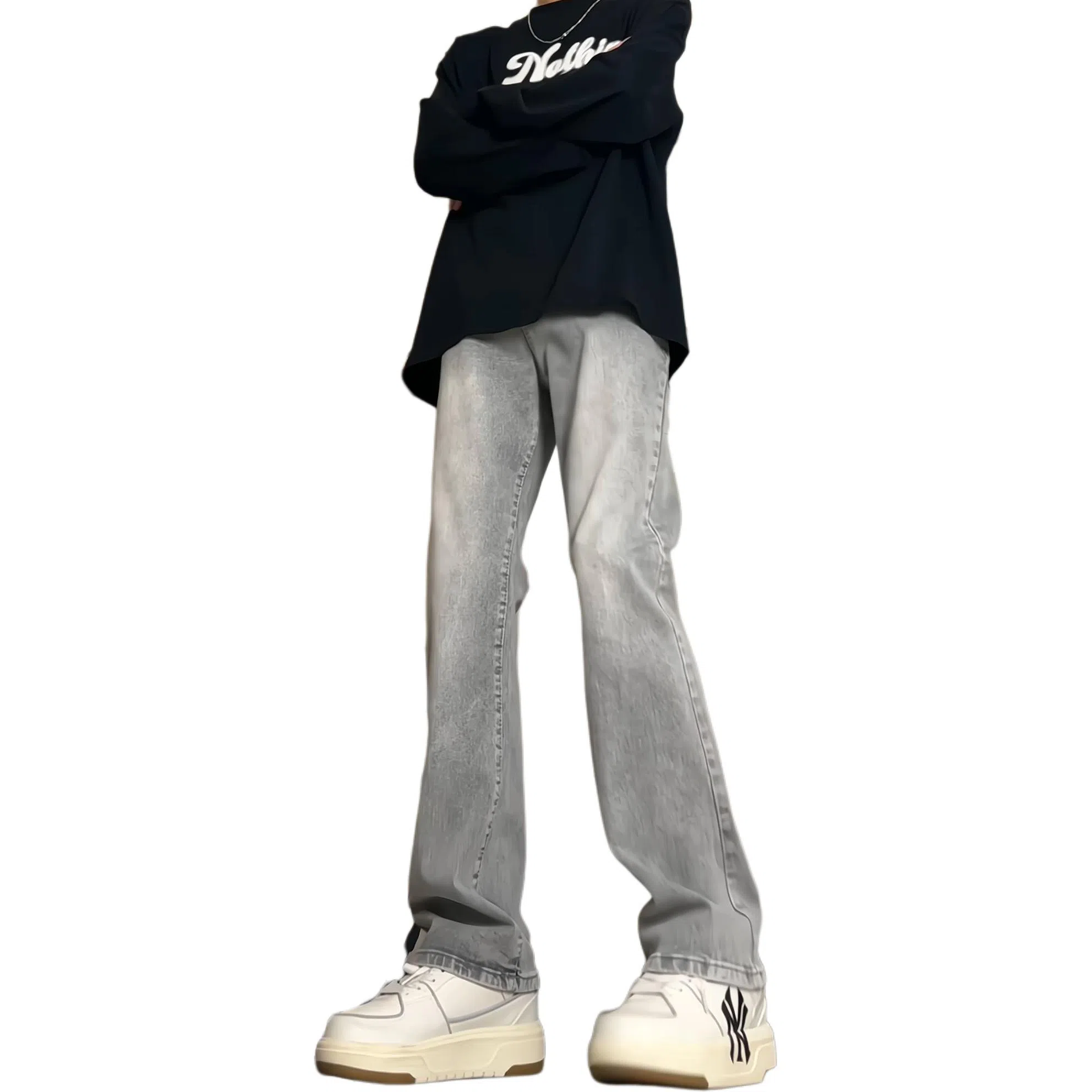 八哥 美式高街废土风不规则质感复古基础款弯刀弹力阔腿垂感百搭高级感运动舒适柔软个性简约微喇牛仔裤 男女同款