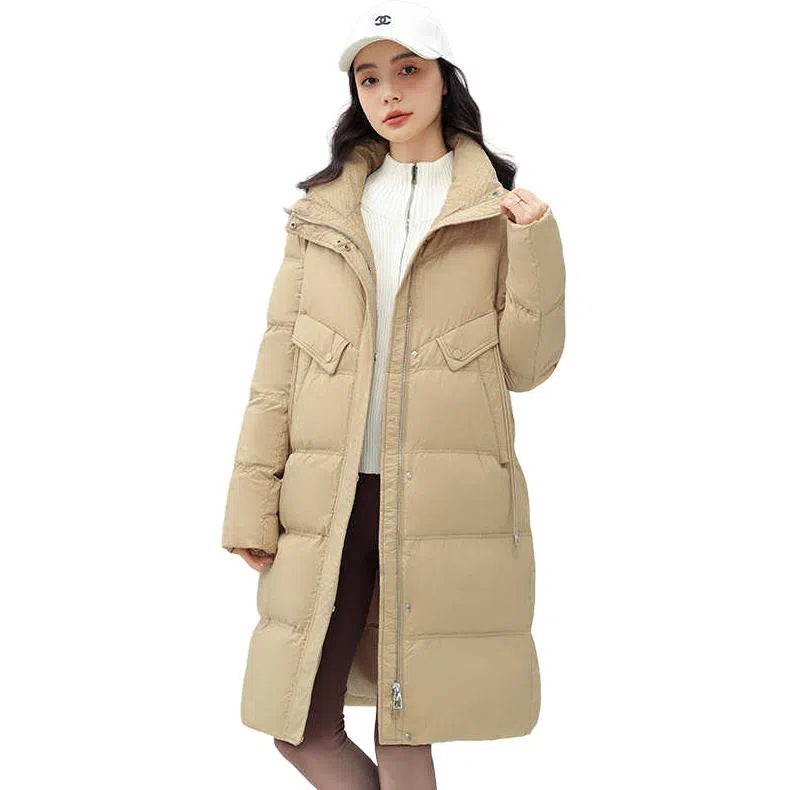 鸭鸭 纯色拉链修身立领中长款羽绒服 女款