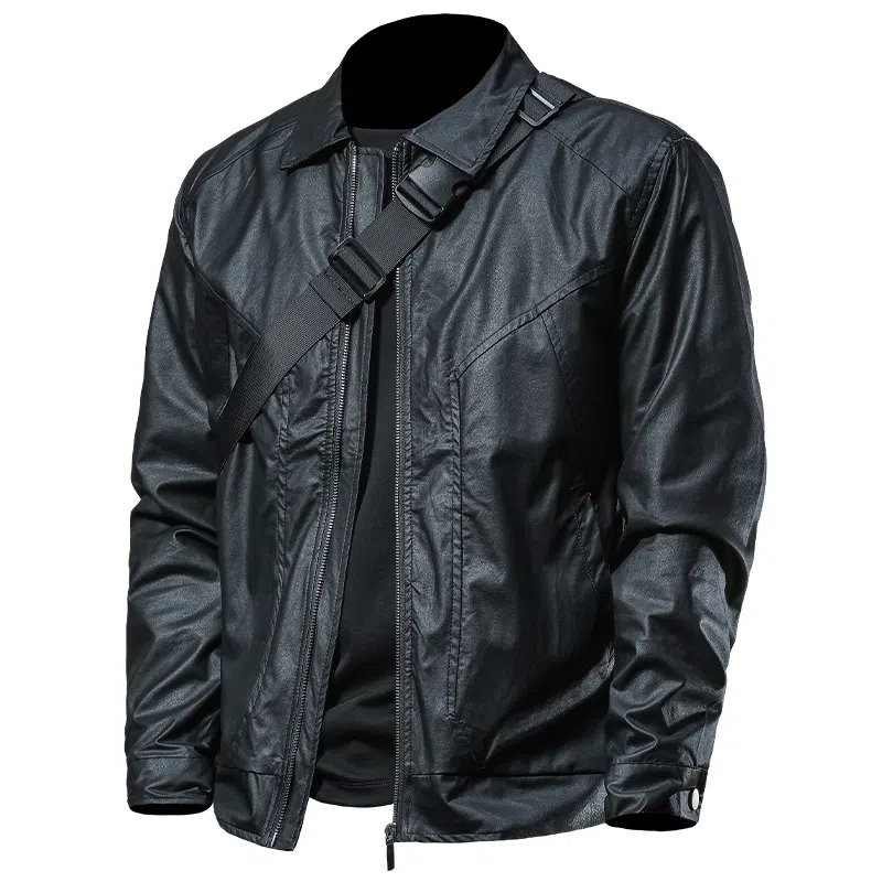 季言 翻领纯色百搭皮衣 男 黑色