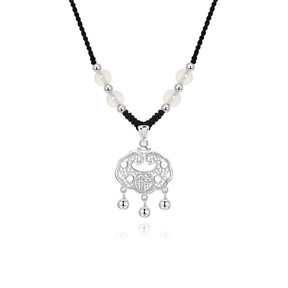 【999纯银 转运平安】足银福运平安锁 七好美银 新中式国风招财纳福小众设计编织简约时尚百搭长命锁本命年#好运 玛瑙 项链 男女同款情侣款