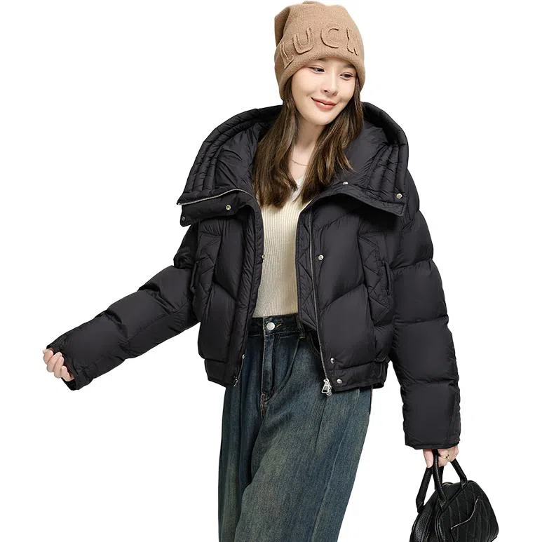 鸭鸭 韩版连帽加厚休闲时尚纯色短款长袖羽绒服 女款