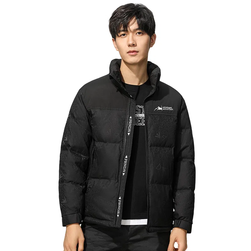 鸭鸭 时尚韩版字母拼色满印短款立领户外休闲防寒面包羽绒服 男款