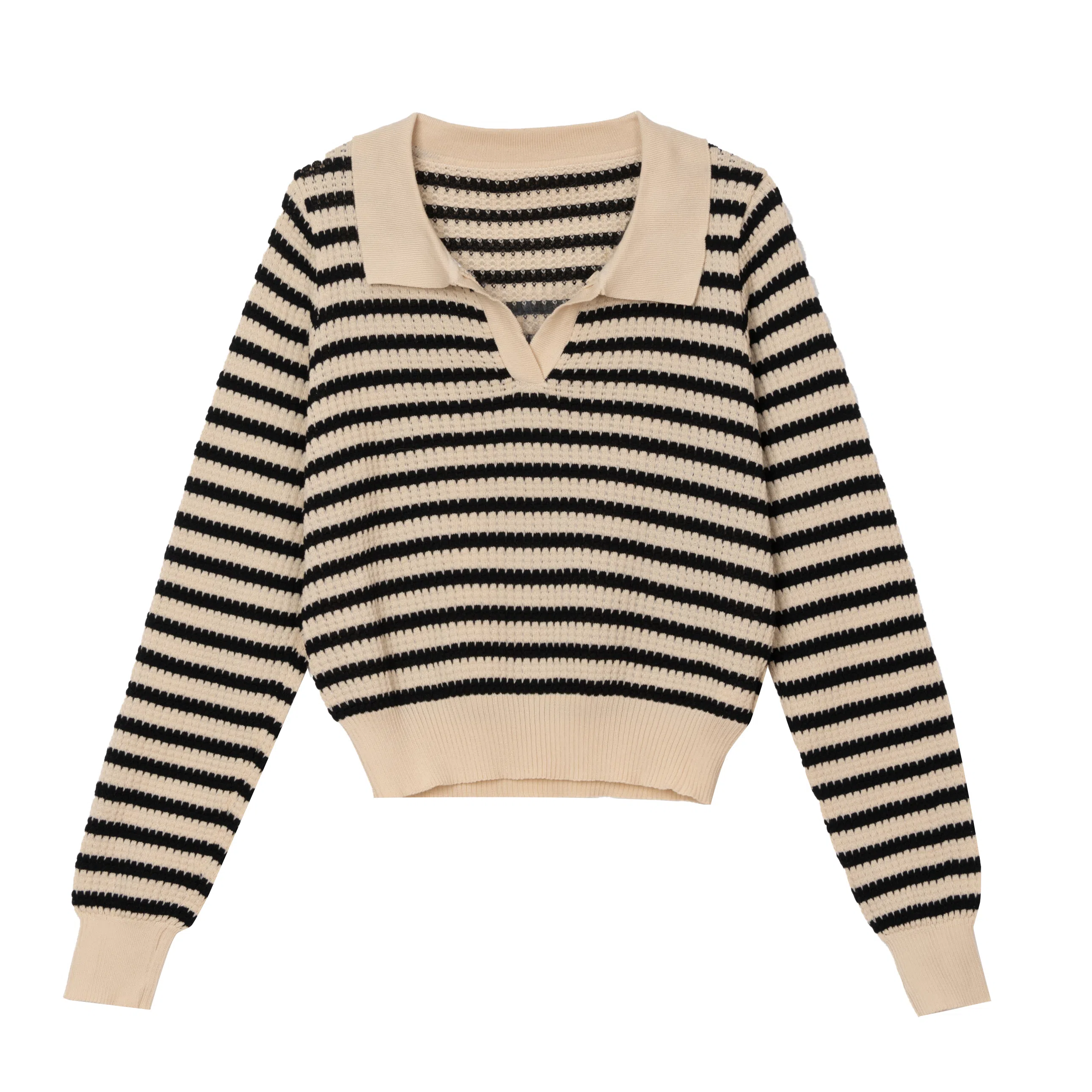 法文箱子 拼色条纹翻领长袖针织衫 女款