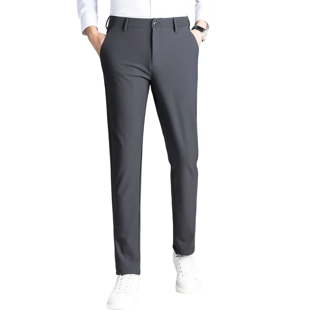 富铤 四面弹美式复古简约纯色中腰拉链基础款商务舒适百搭直筒休闲西装裤 男款