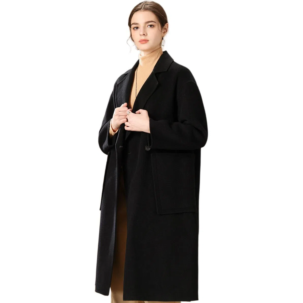 粉红玛琍 纯色中长款西装领大衣 女款 黑色