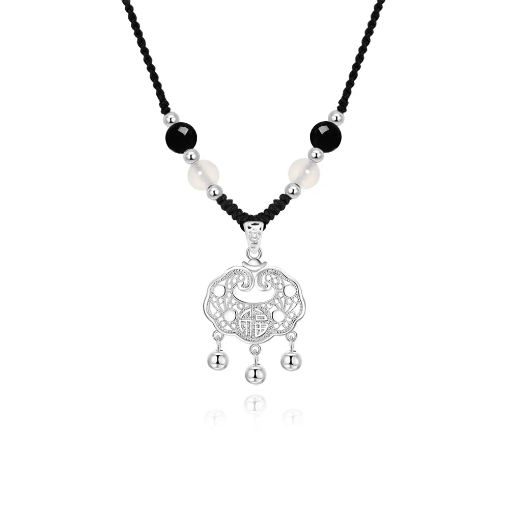 【999纯银 转运平安】足银福运平安锁 七好美银 新中式国风招财纳福小众设计编织简约时尚百搭长命锁本命年#好运 玛瑙 项链 男女同款情侣款