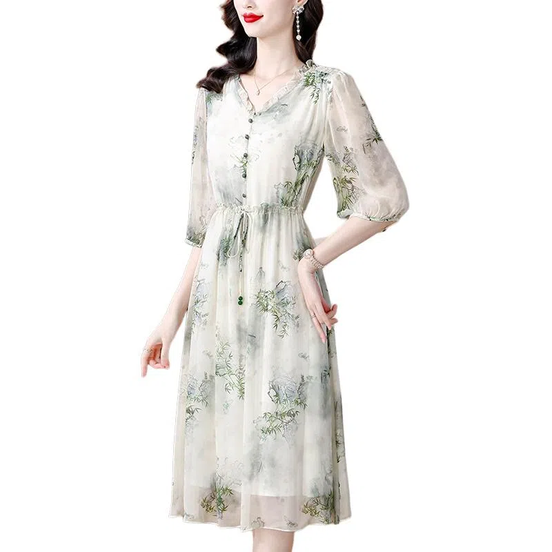 水中花 中年妈妈气质舒适简约优雅裙子短袖连衣裙 女款