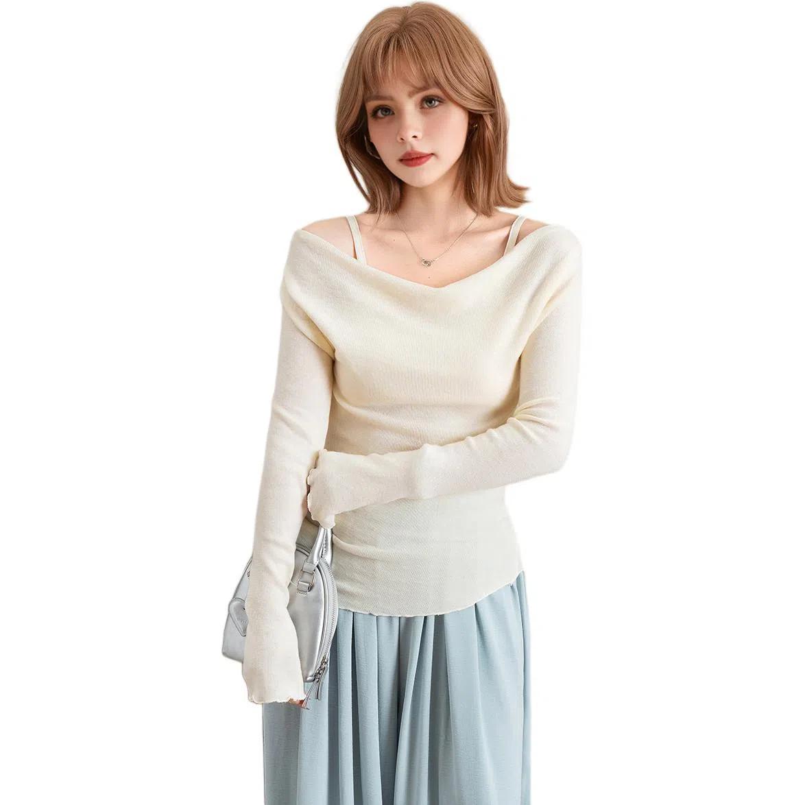 法文箱子 假两件纯色长袖荡领针织衫 女款