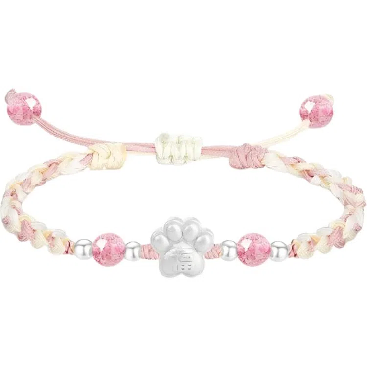 【S999足银】 色菲尔 新中式福字猫爪编织 国风国潮甜美可爱卡通萌趣日常通勤百搭可调节#好运桃花 织物 手绳 男女同款情侣款