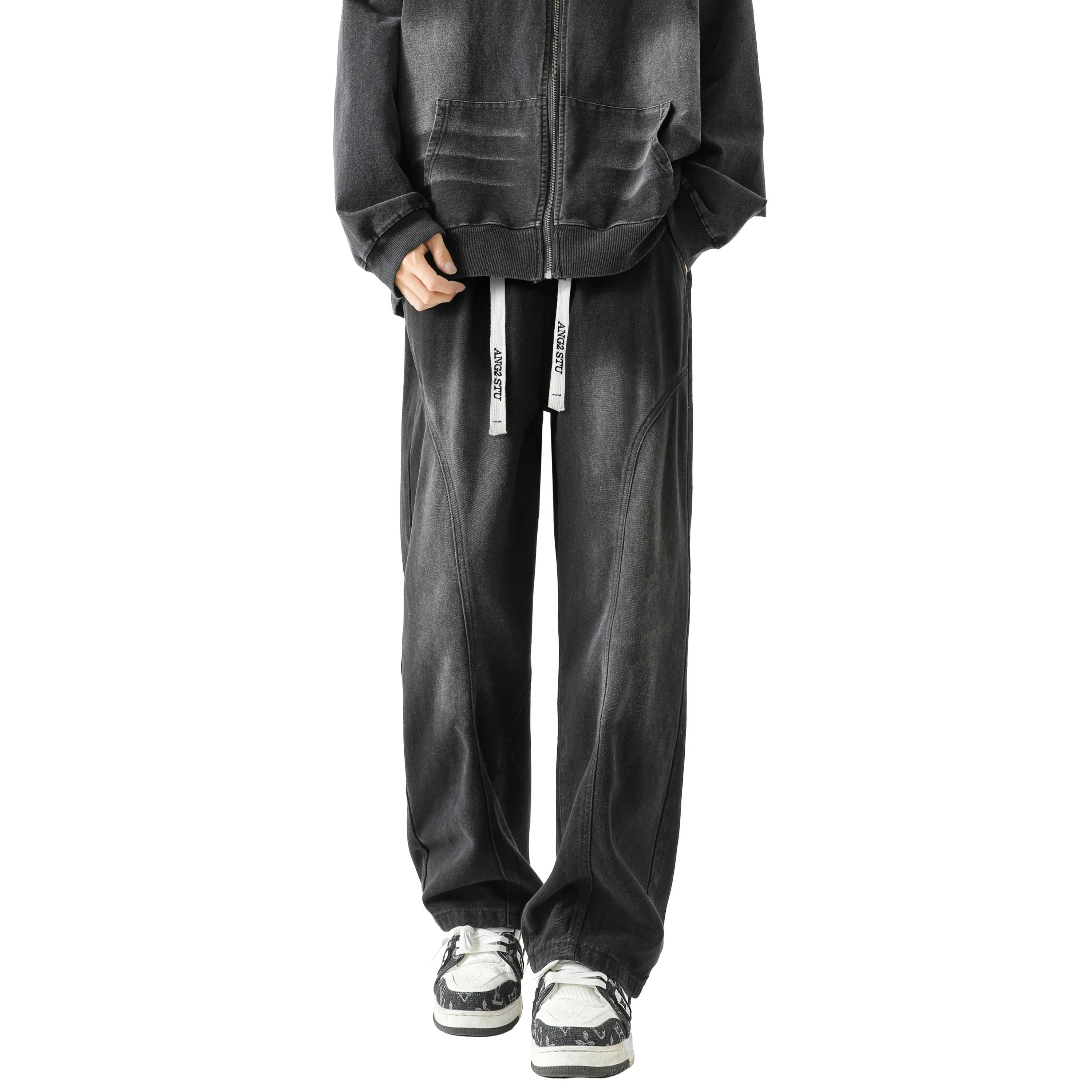 布客行 美式高街潮牌复古水洗渐变做旧拼接宽松直筒垂感抽绳休闲牛仔裤 男女同款