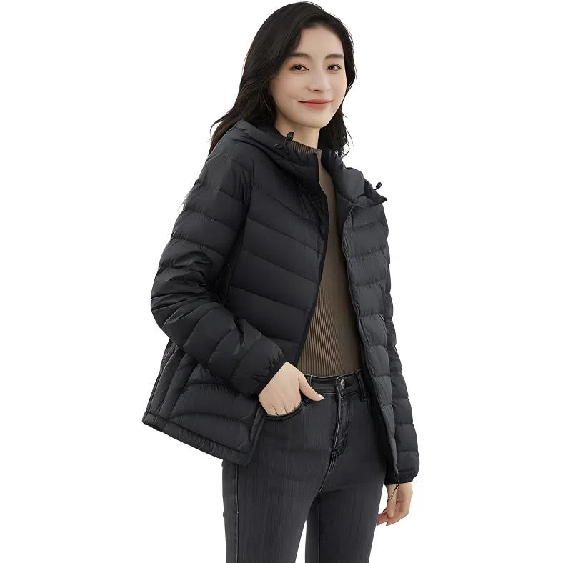 鸭鸭 薄款纯色百搭连帽长袖羽绒服 女款