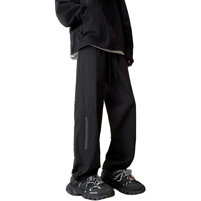 双星八特 美式高街加绒加厚防风防水户外露营登山机能风纯色基础款宽松系带直筒工装裤 男女同款 黑色