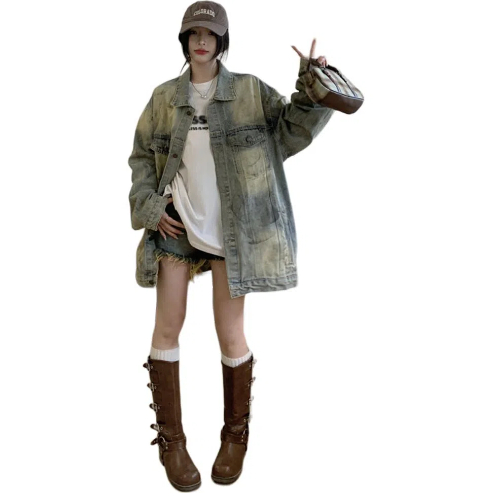 莫代尔 重工水洗复古中长宽松廓形牛仔外套 女款 做旧脏脏