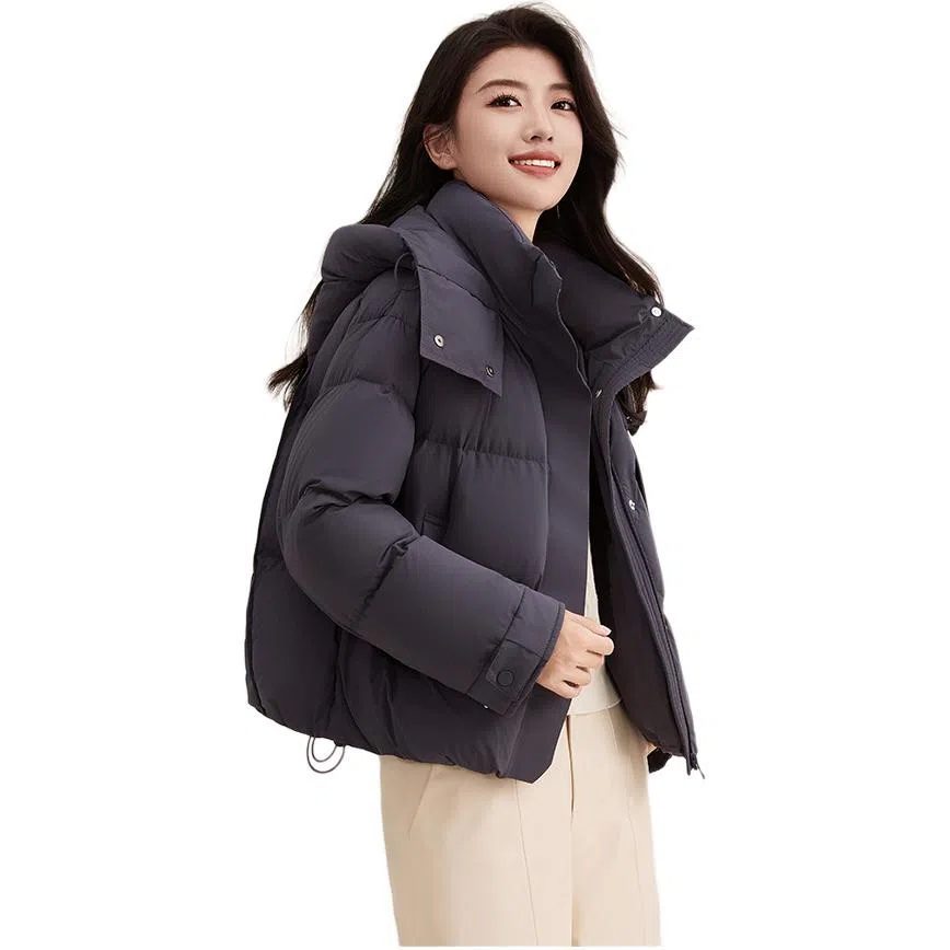 鸭鸭 纯色拉链短款长袖连帽羽绒服 女款