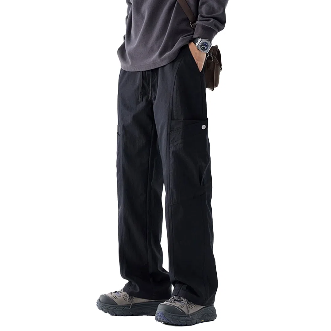 顶峰保罗 美式冰丝潮牌工装裤系带纯色无性别主义宽松中腰直筒百搭弹力显高阔腿垂感长裤休闲裤 男女同款