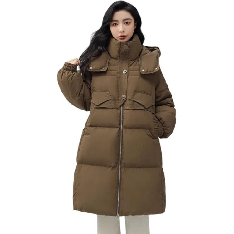 鸭鸭 纯色宽松连帽中长款羽绒服 女款 黑色