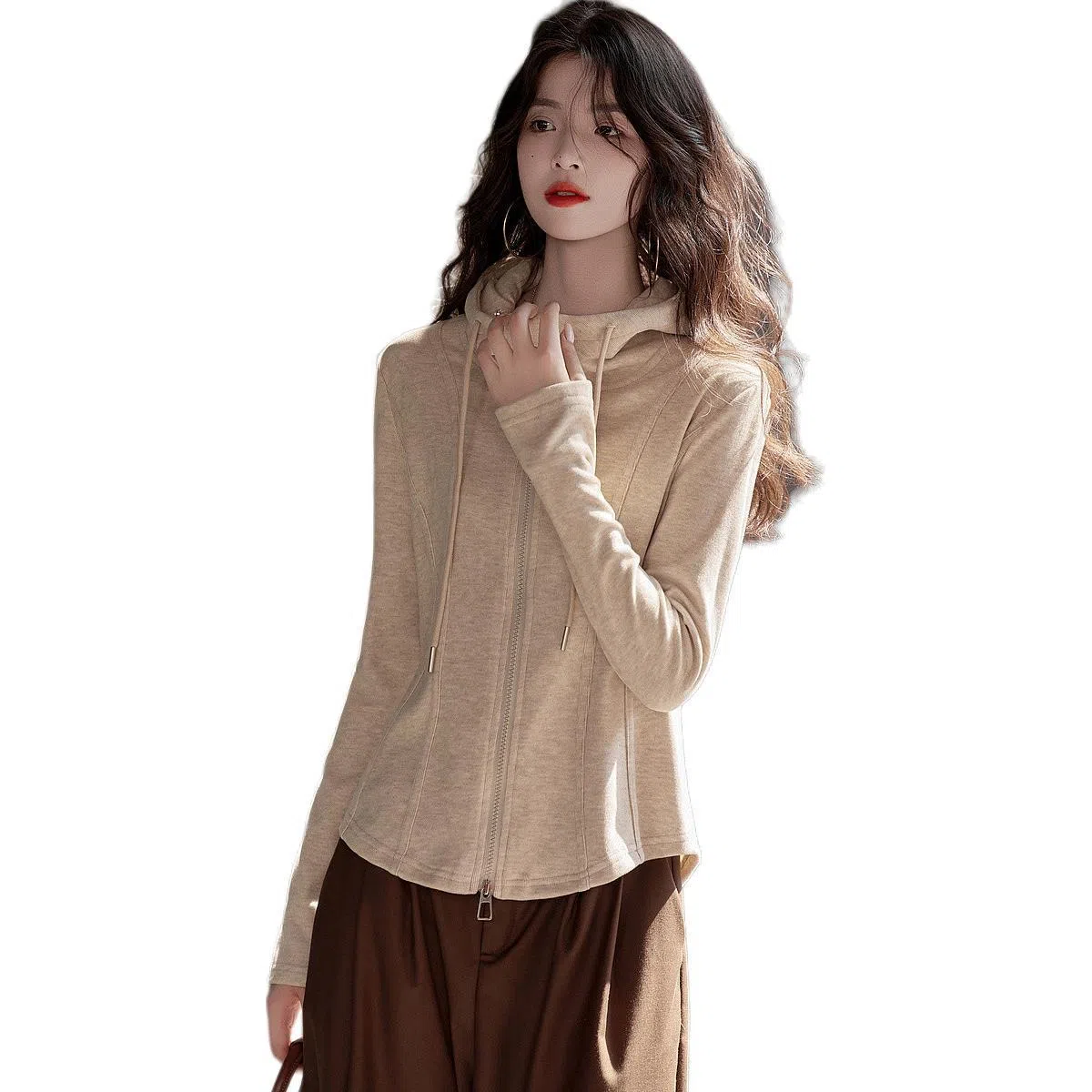 【dme】 纯色拉链连帽休闲长袖夹克外套 女款