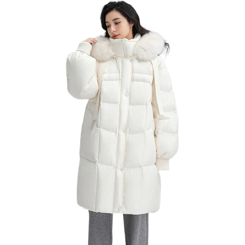 鸭鸭 通勤长款纯色连帽简约保暖羽绒服 女款